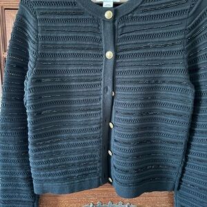 Sam Edelman Black Openwork Knit Cardigan with Gold Buttons